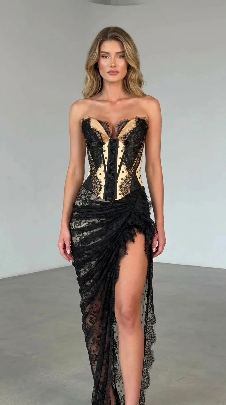 Front view of champagne color variant maxi dress