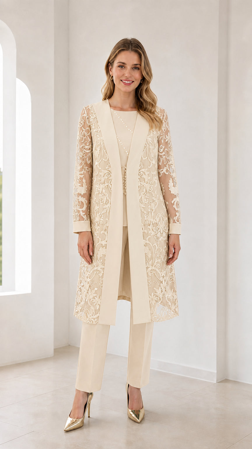 Model wearing champagne 3-piece lace duster jacket and pants set