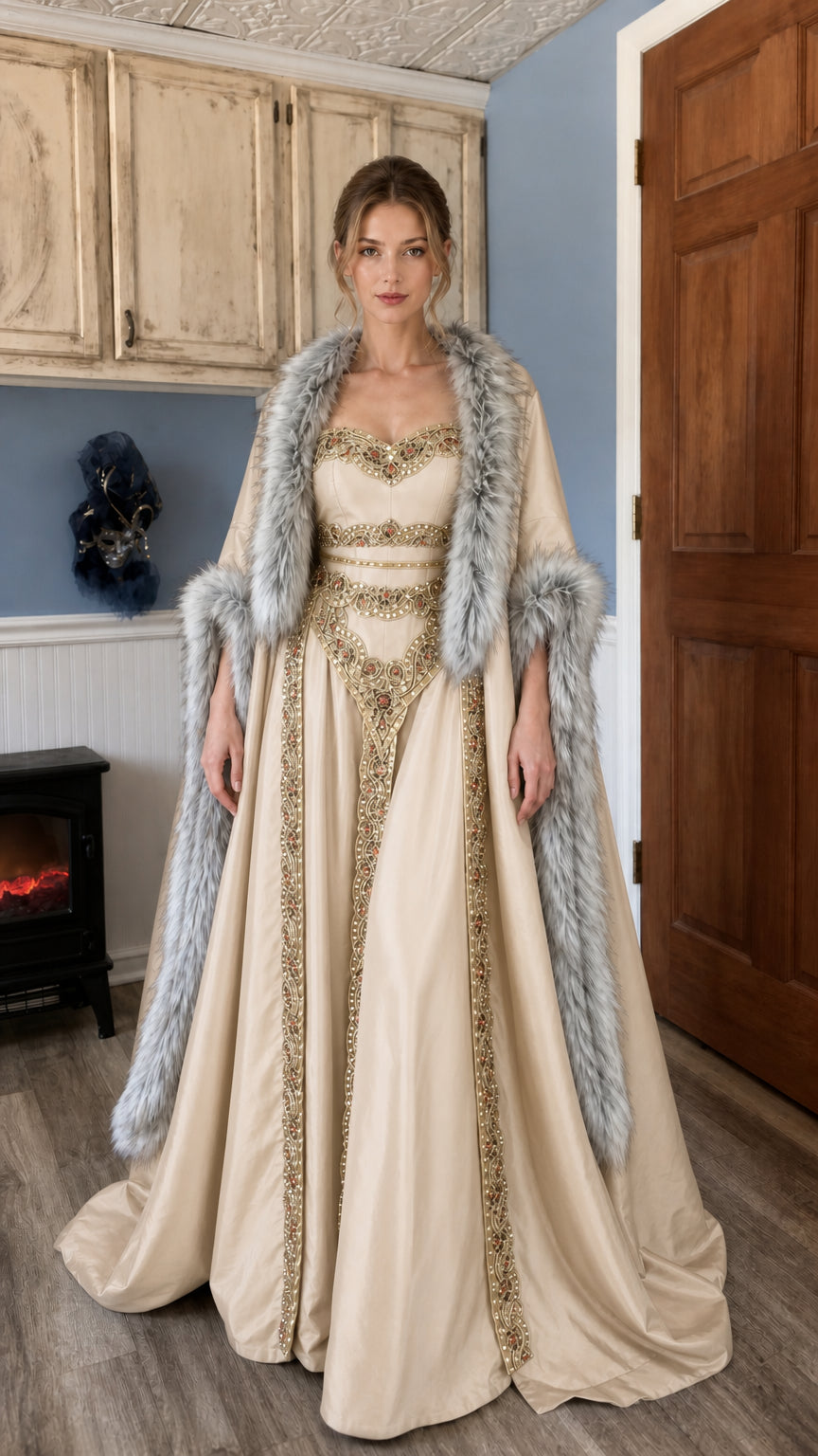 Front view of beige Renaissance medieval gown and faux fur cloak