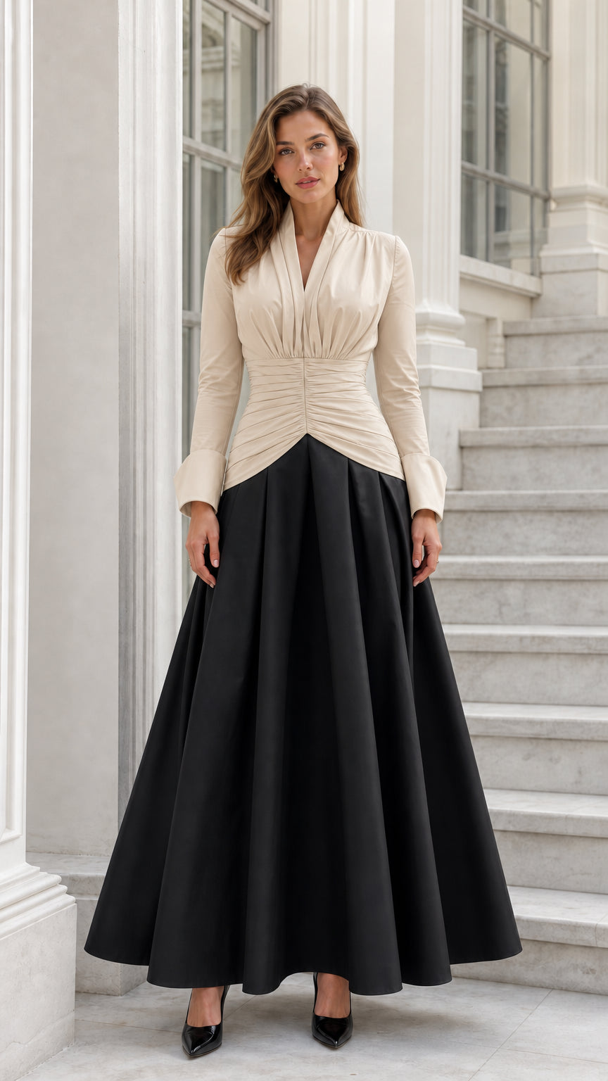 Front view of beige and black variant maxi dress