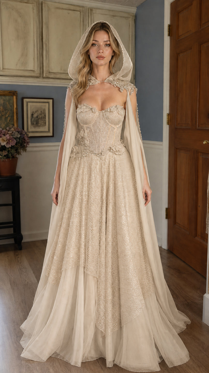 Champagne variant of hooded cape ball gown