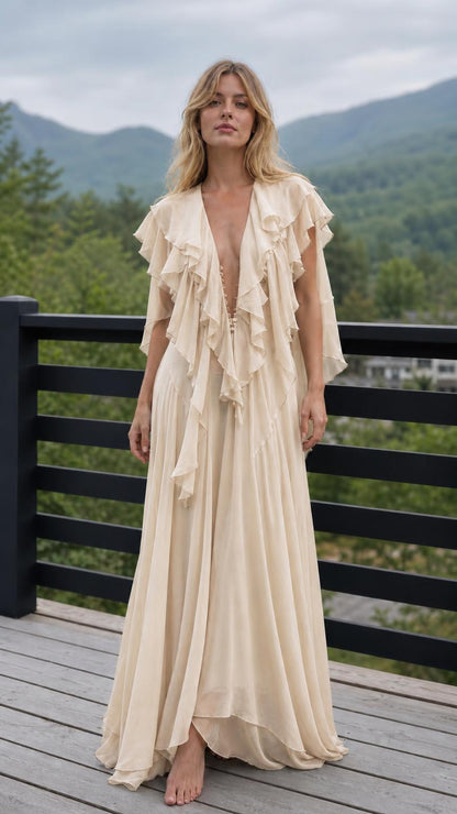 Ethereal Ruffled V-Neck Maxi Dress in Cream front view