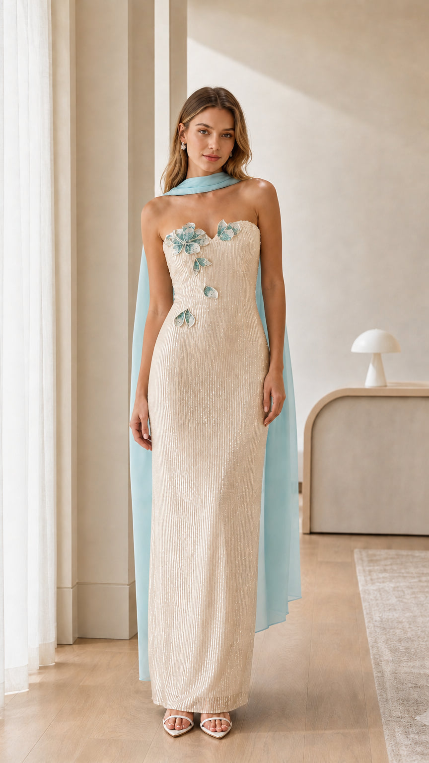 Champagne beige strapless sequin formal evening dress with 3D floral accents