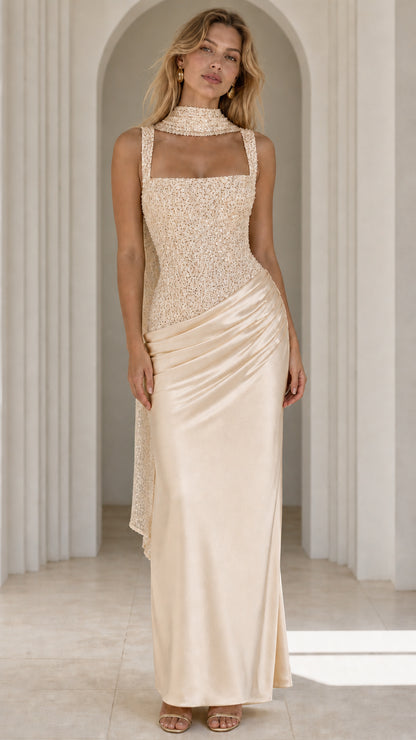 Front view of champagne evening gown