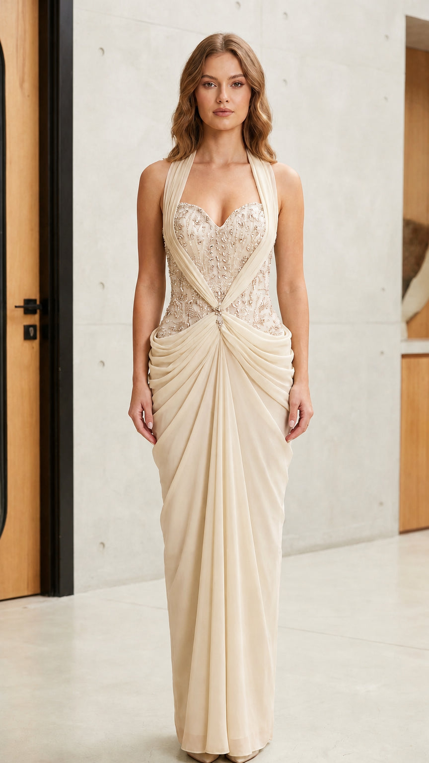 Champagne cream halter neck beaded evening dress - front view