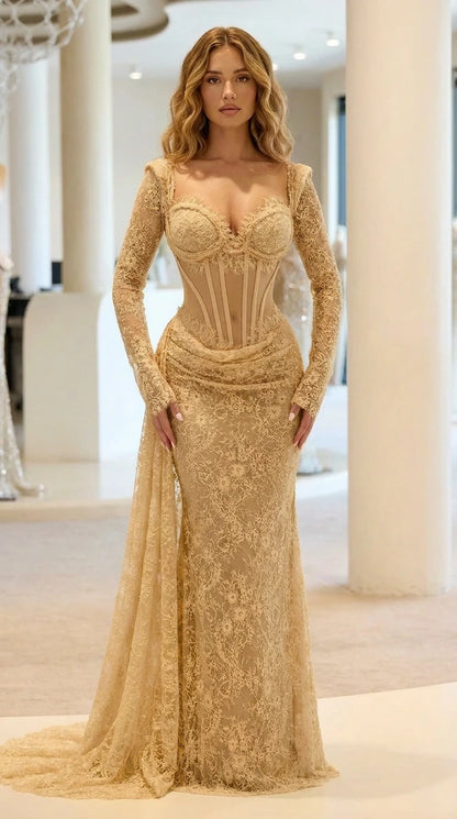 Front view of gold long sleeve corset lace evening gown