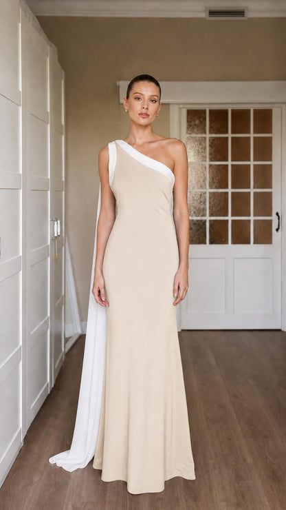 Beige color variant of the one-shoulder evening gown