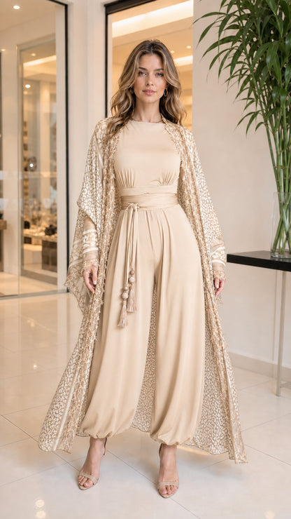 Champagne beige elegant jumpsuit and sheer printed kimono duster set