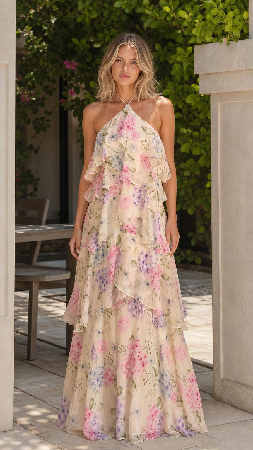Model wearing yellow multi floral halter tiered ruffle maxi dress