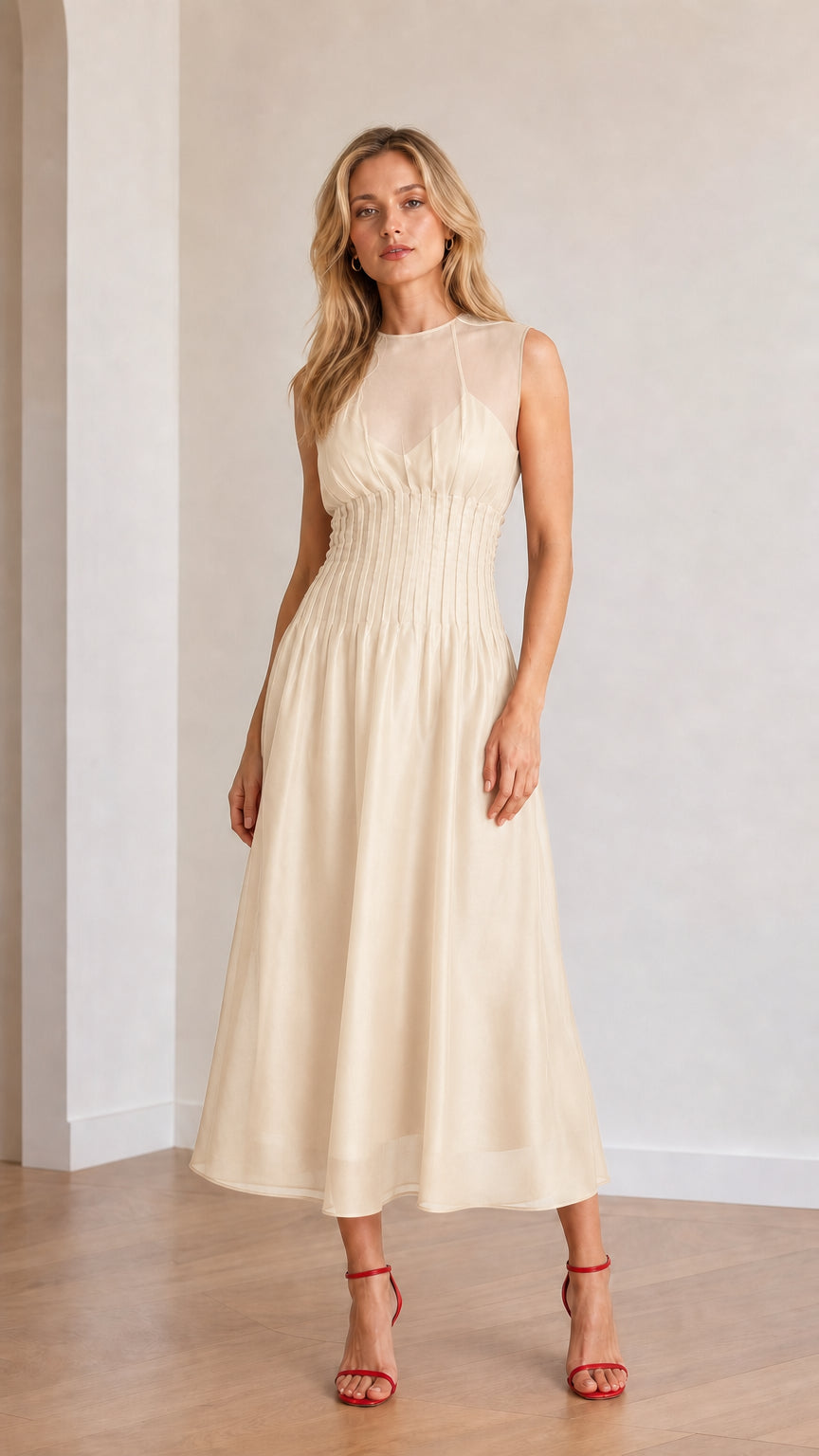 Front view of model wearing champagne sleeveless midi dress