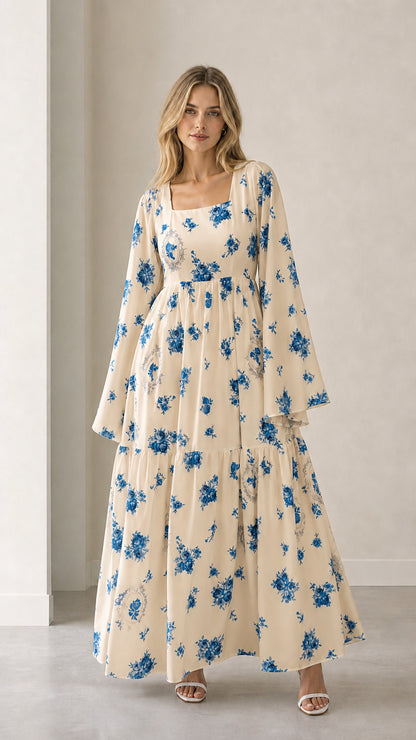Cream beige floral square neck tiered maxi dress with flare sleeves