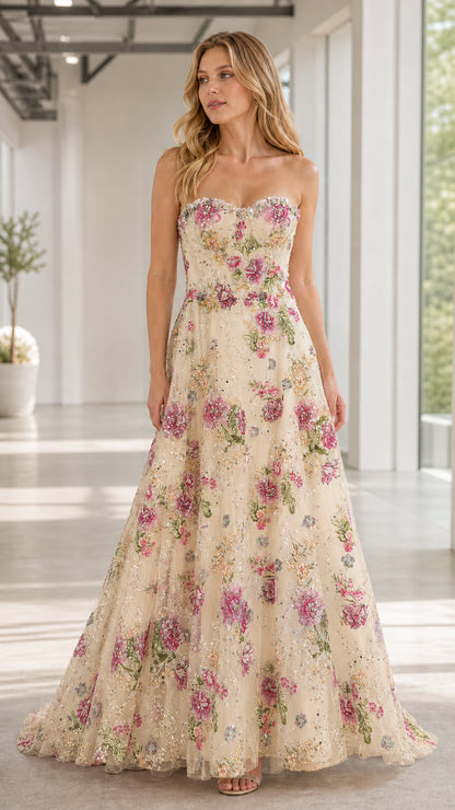 Front view of champagne floral embroidered strapless formal dress