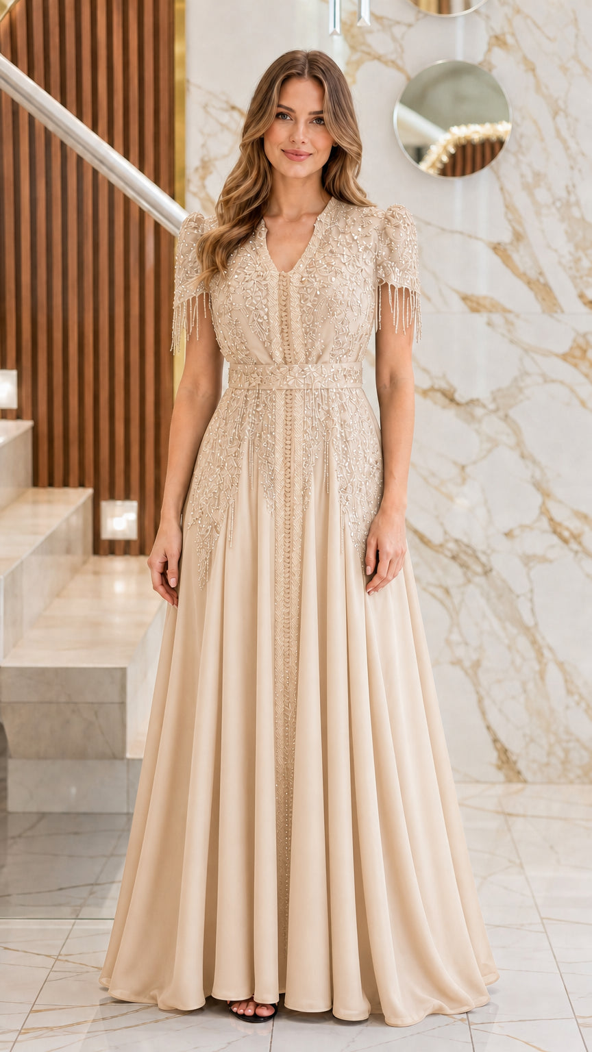 Full-length front view of model wearing the champagne nude beaded evening gown