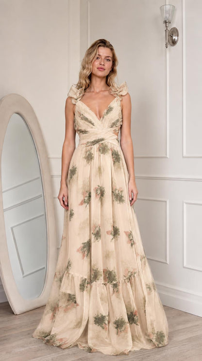 Champagne floral print ruffled maxi dress front view