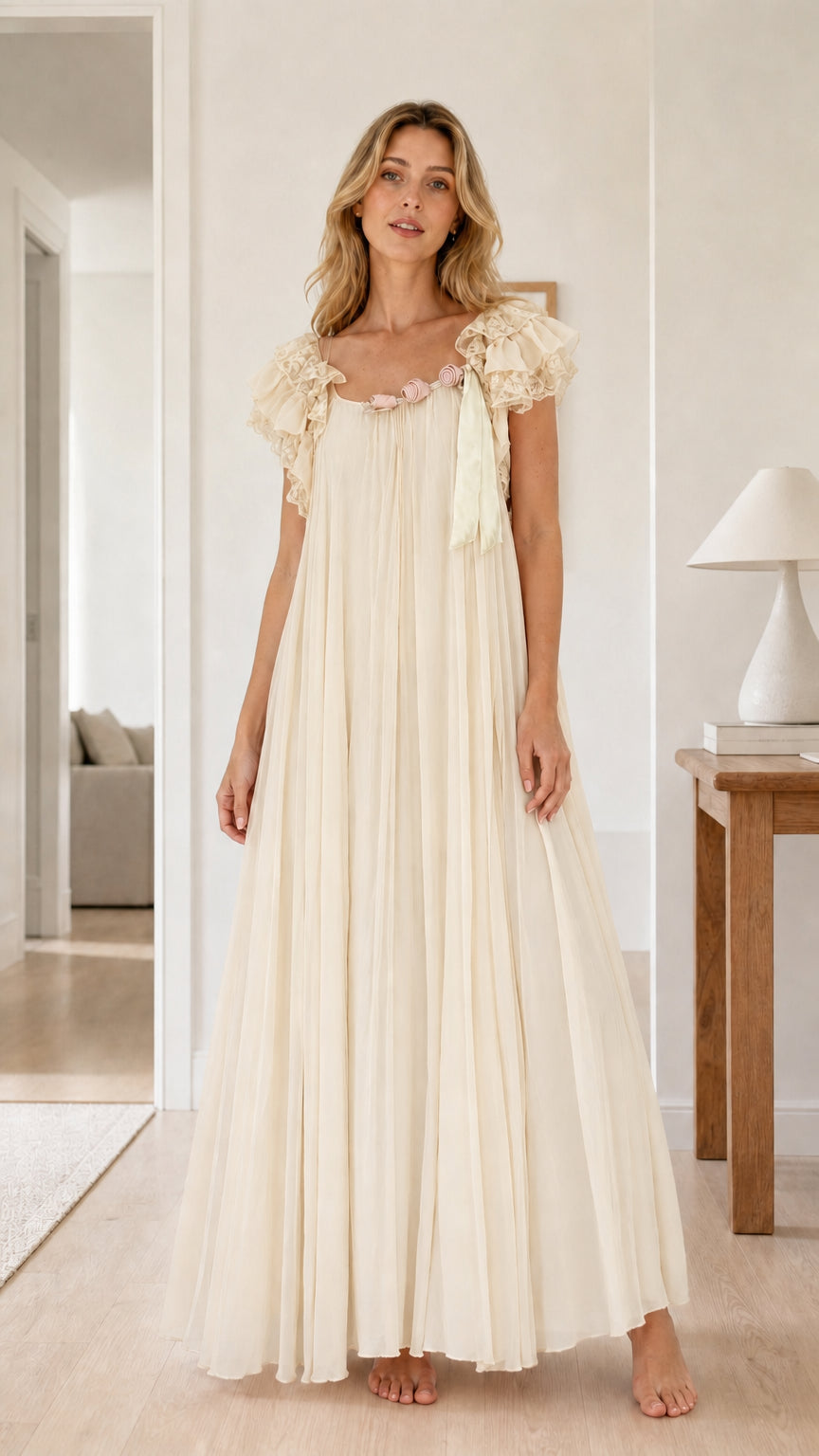 Full front view of cream ivory pleated romantic maxi nightgown dress