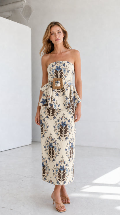 Full length view of model in off-white strapless floral midi dress