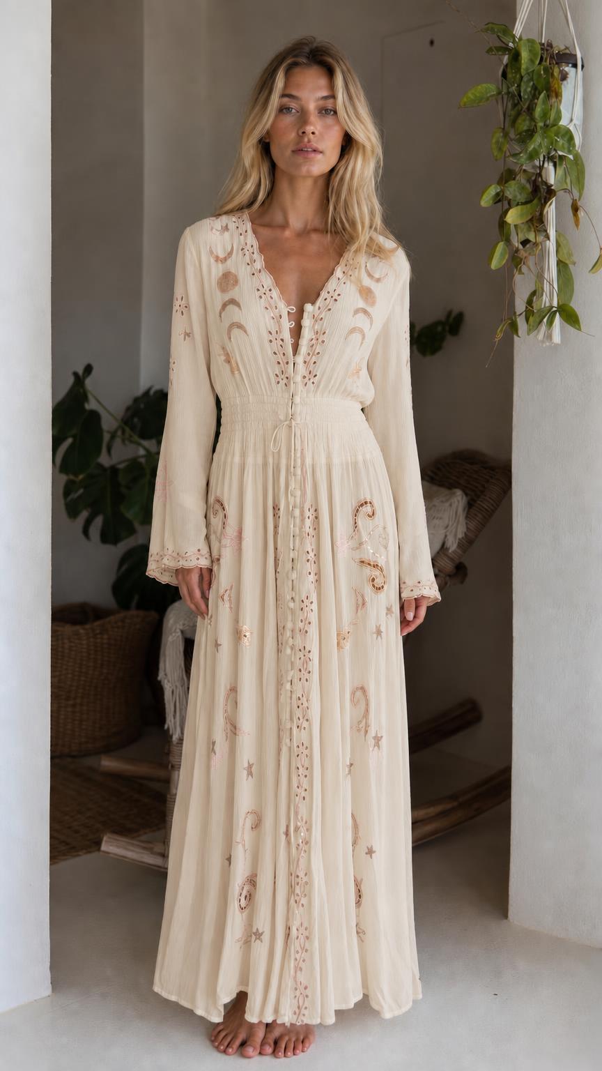 Front view of model wearing beige celestial embroidered maxi dress