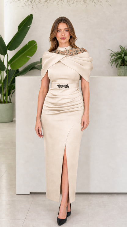 Front view of woman wearing Champagne embellished column evening dress