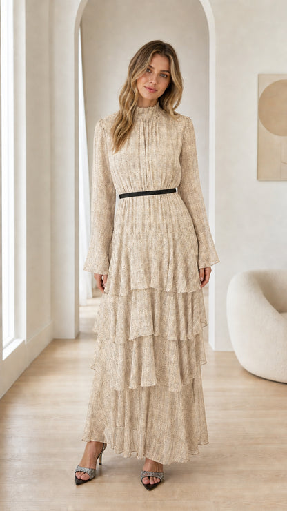 Champagne beige long sleeve pleated tiered ruffle maxi dress on model