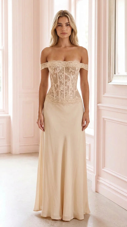 Front view of champagne off-shoulder lace corset evening dress
