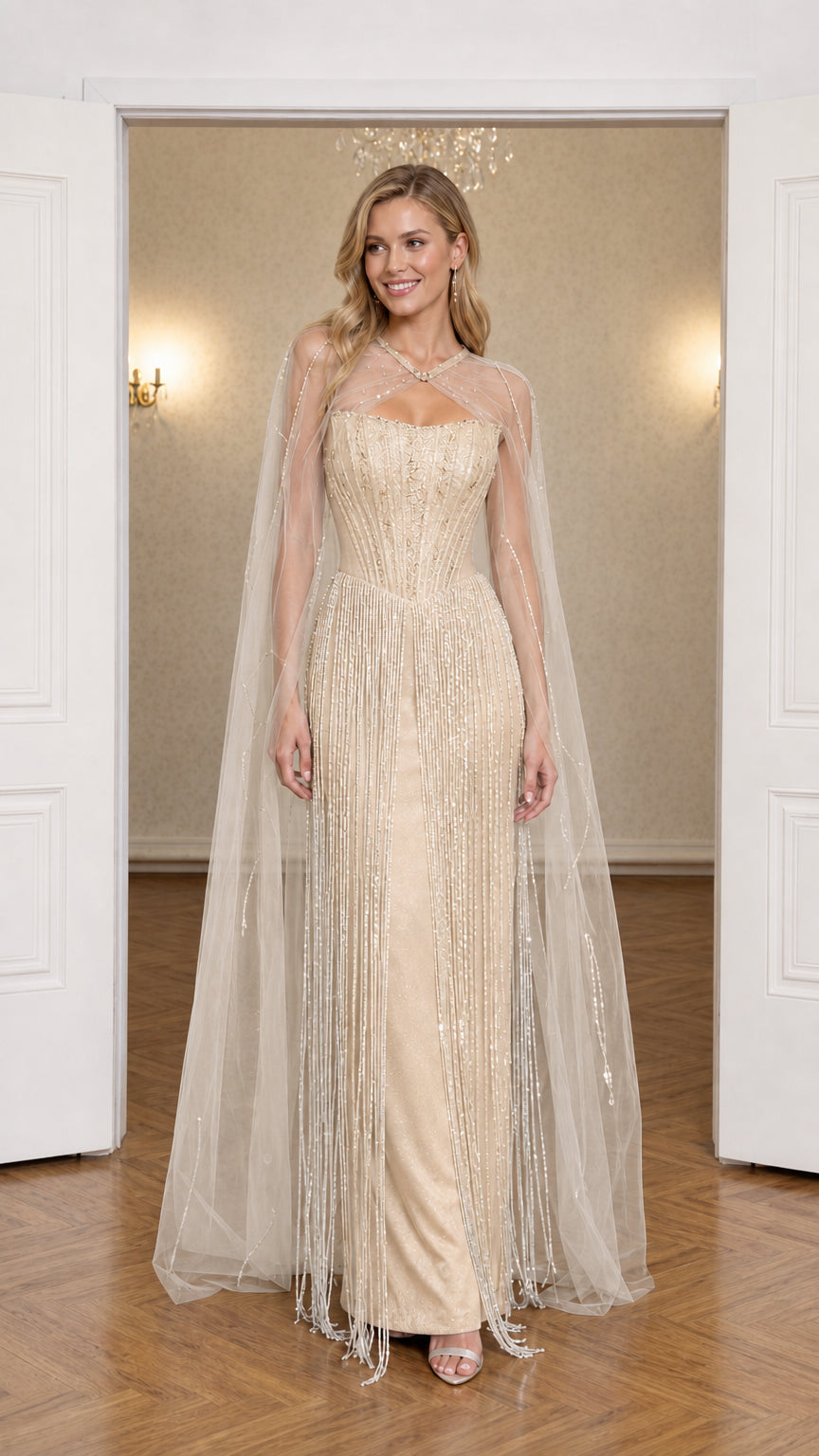Front view of champagne gold beaded fringe formal evening gown with cape