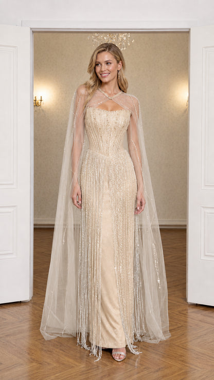 Front view of champagne gold beaded fringe formal evening gown with cape
