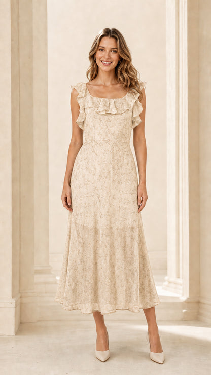 Front view of woman wearing cream ruffled floral midi dress
