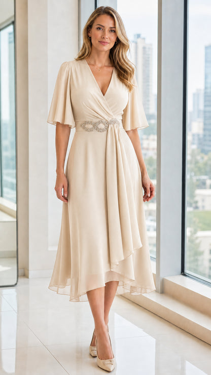 Front view of champagne V-neck chiffon midi dress on model