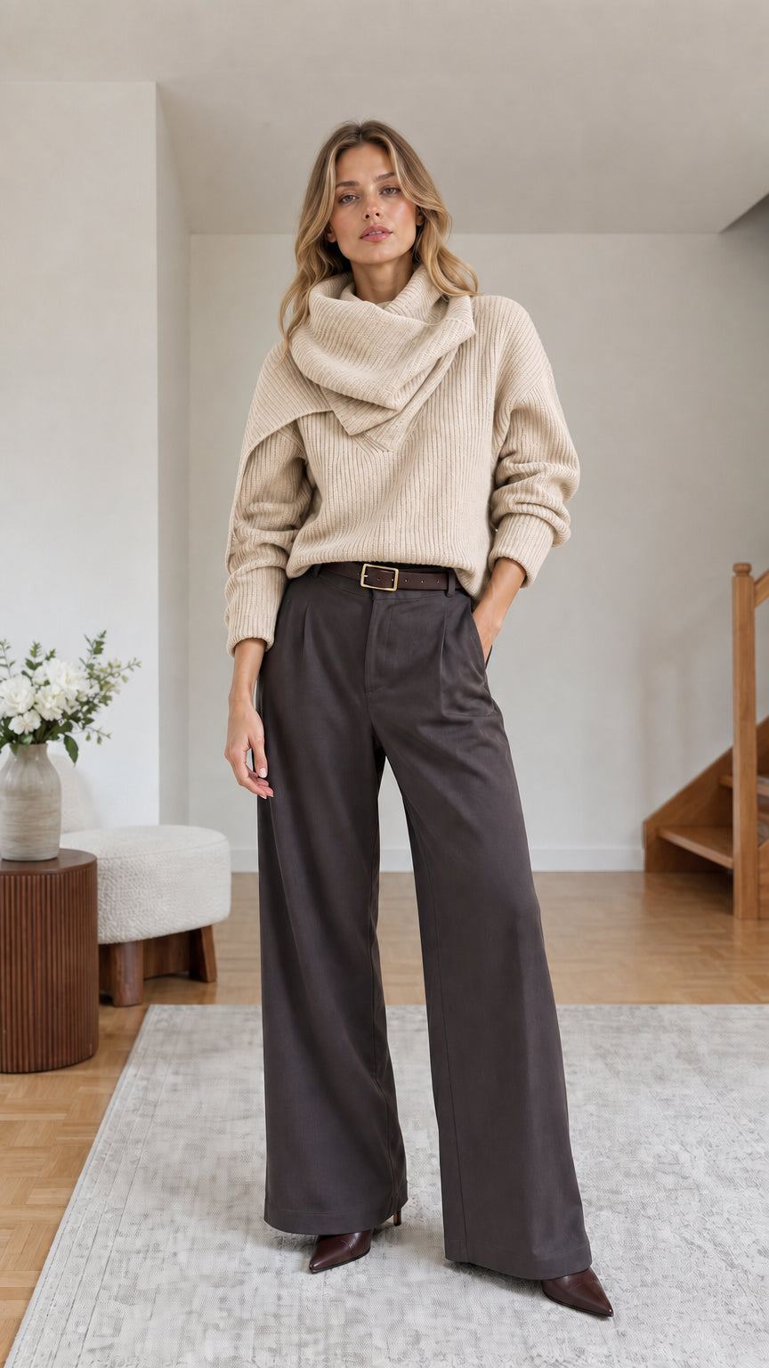 Woman wearing cream beige asymmetric cowl collar ribbed sweater