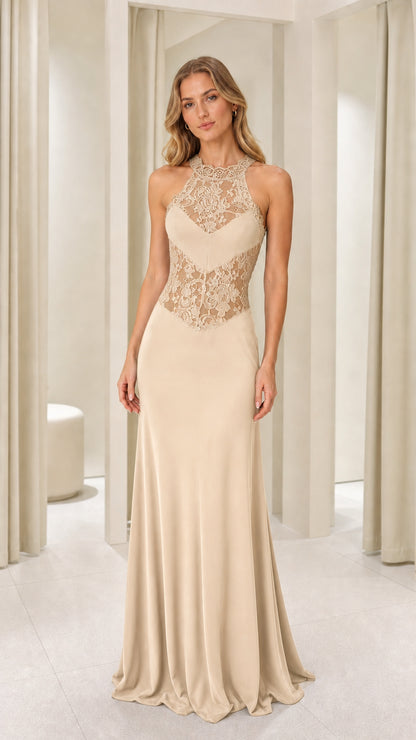 Champagne color variant of the lace bodice maxi dress