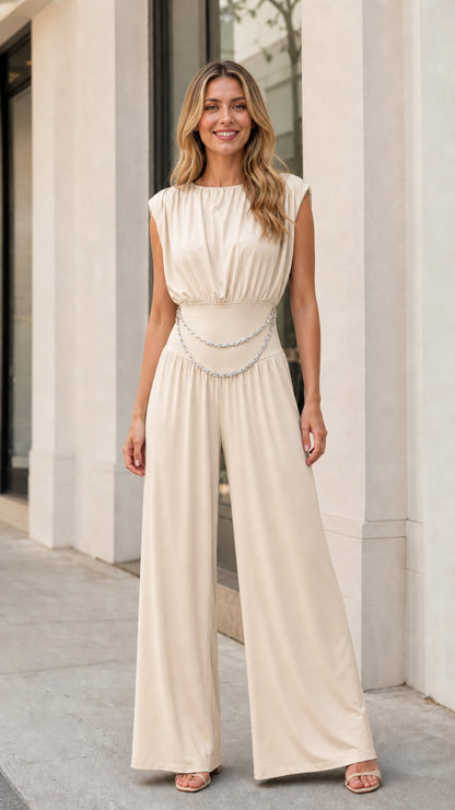 Front view of beige wide-leg jumpsuit