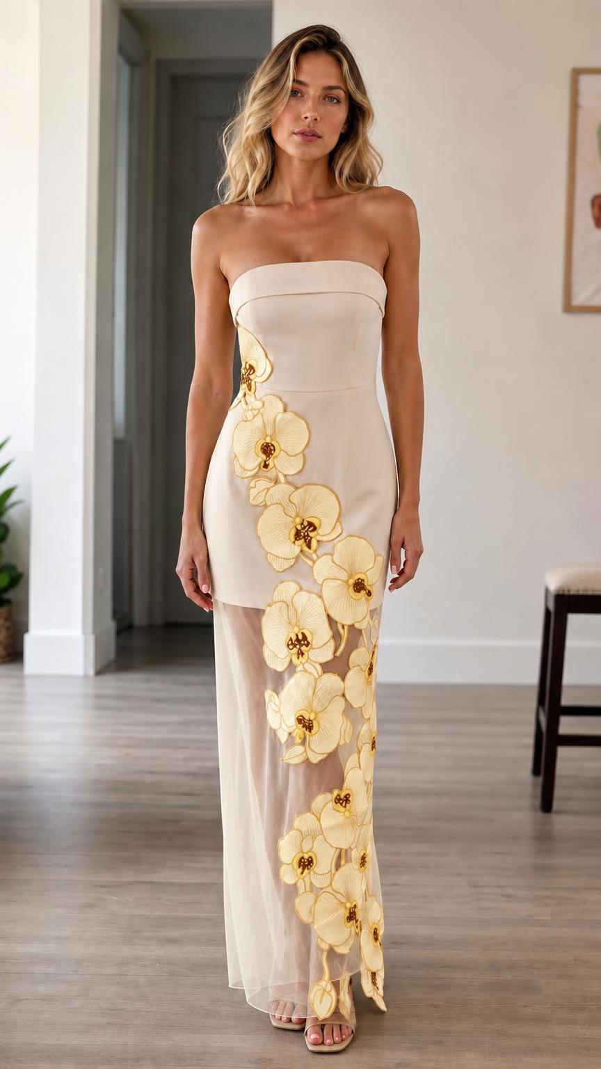 Front view of champagne strapless 3d floral maxi dress