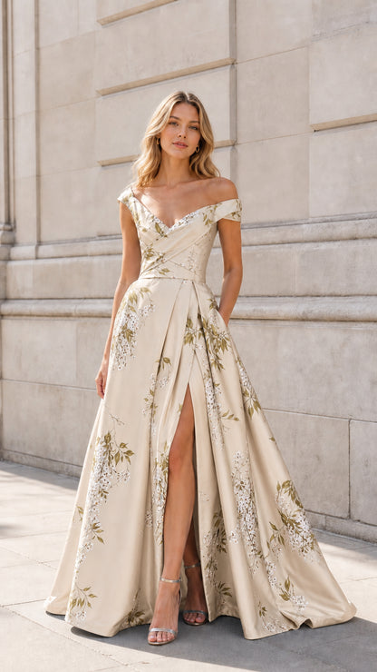Front view of Champagne off-shoulder floral satin evening gown