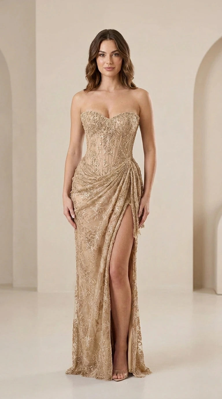 Front view of gold strapless lace evening dress