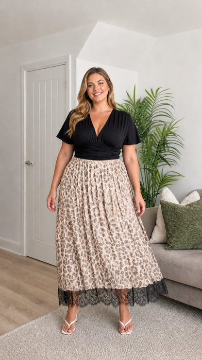 Front view of plus size beige leopard print midi dress