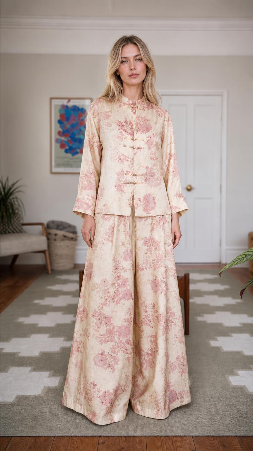 Front view of woman wearing champagne floral brocade set
