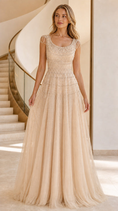 Champagne beaded tulle evening gown