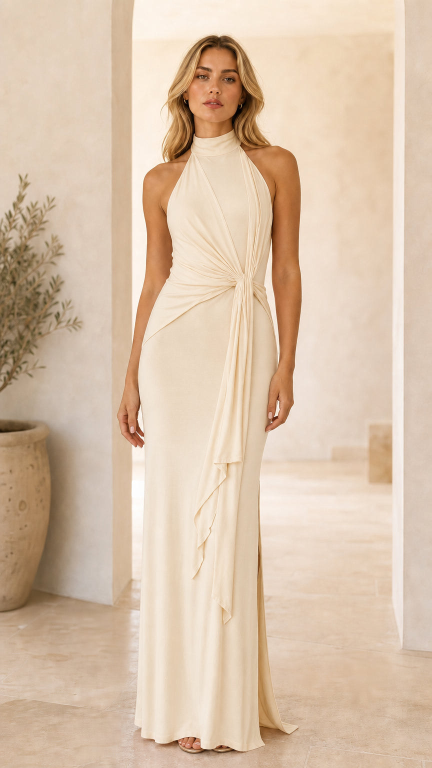 Champagne cream halter neck twisted drape evening maxi dress