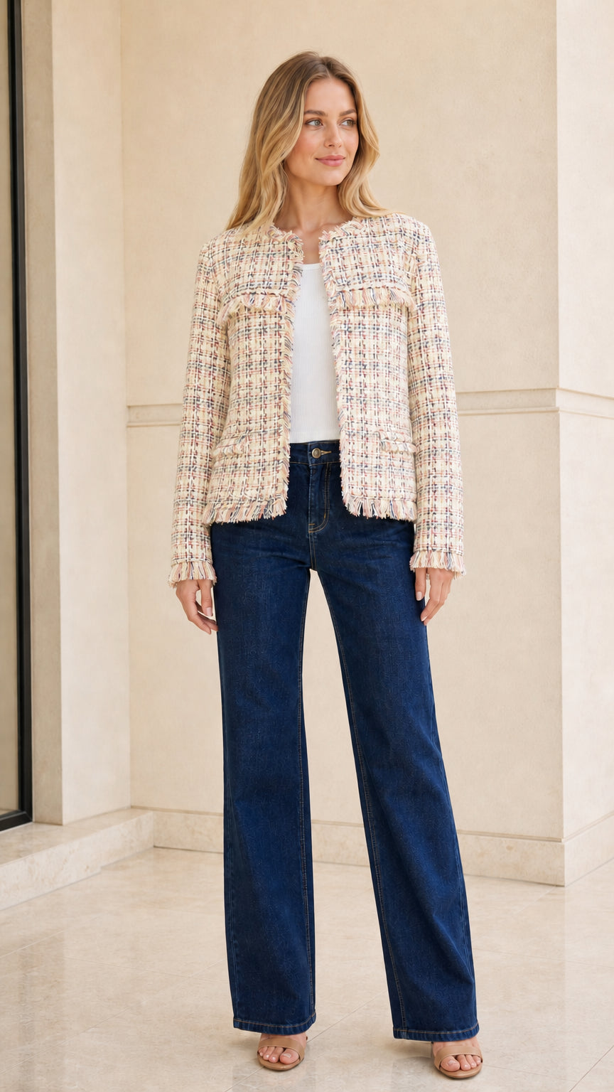 Model wearing cream tweed jacket front view