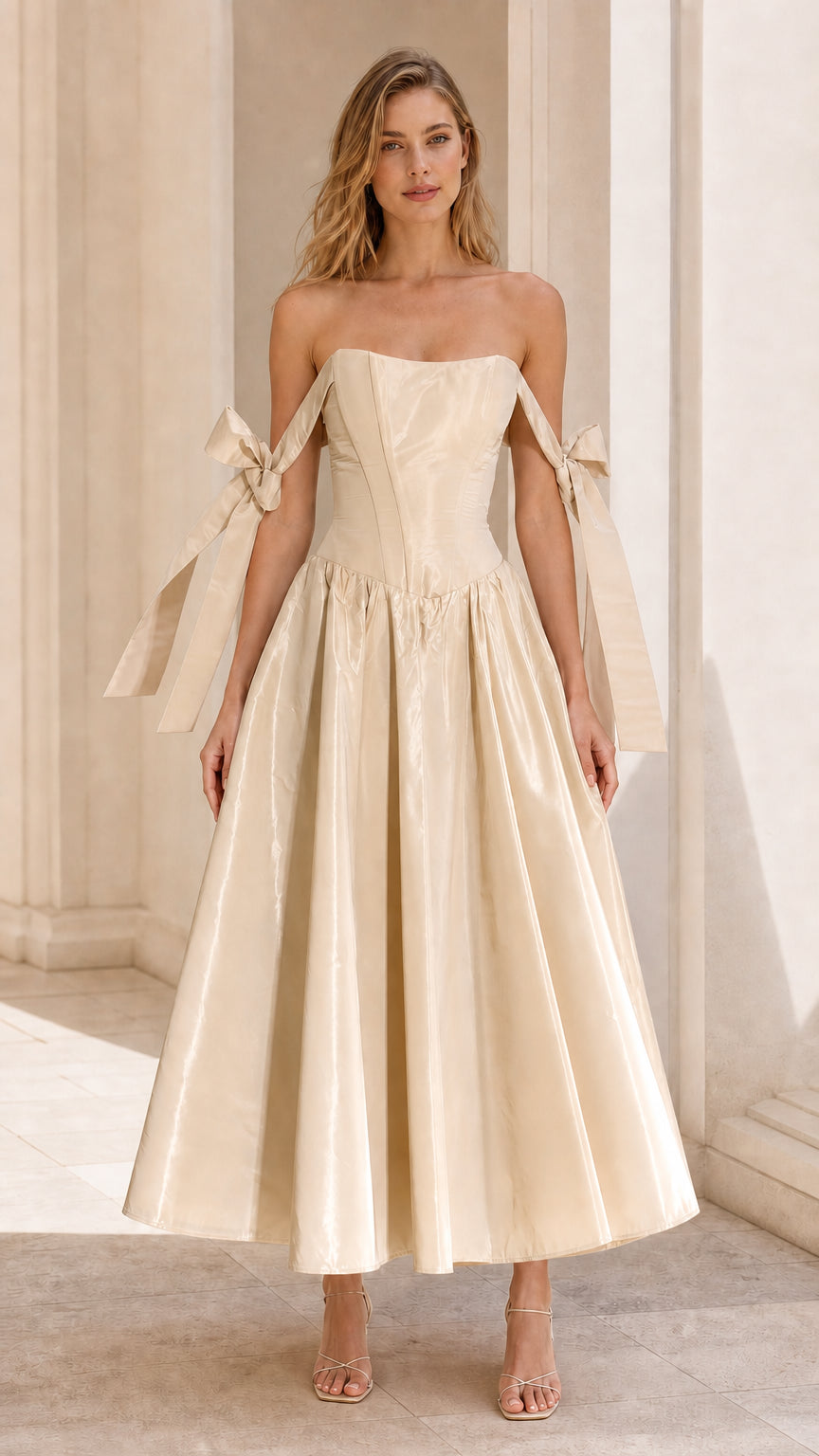Model wearing Champagne ivory off-shoulder corset midi dress front view