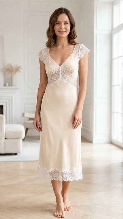 Woman wearing champagne satin lace trim midi nightgown