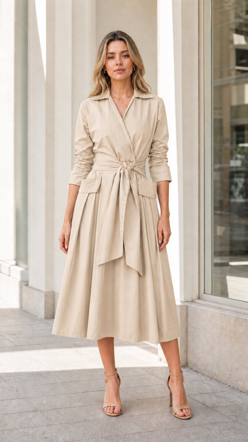 Front view of woman wearing beige lapel midi trench dress