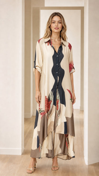 Model wearing cream color variant of maxi shirt dress