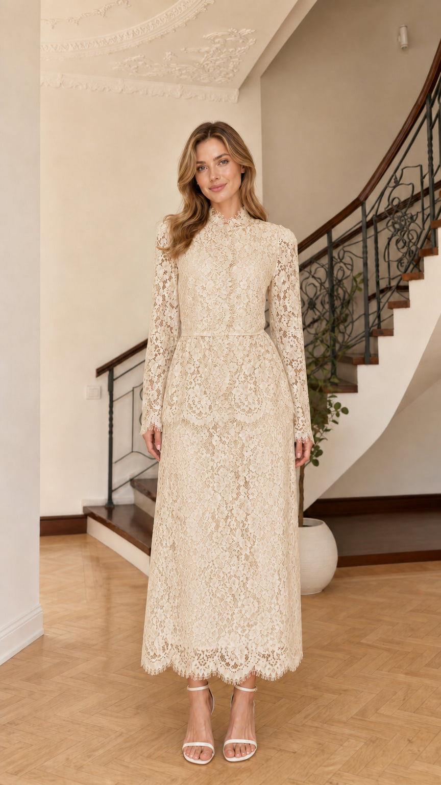 Champagne cream floral lace mock neck elegant maxi dress