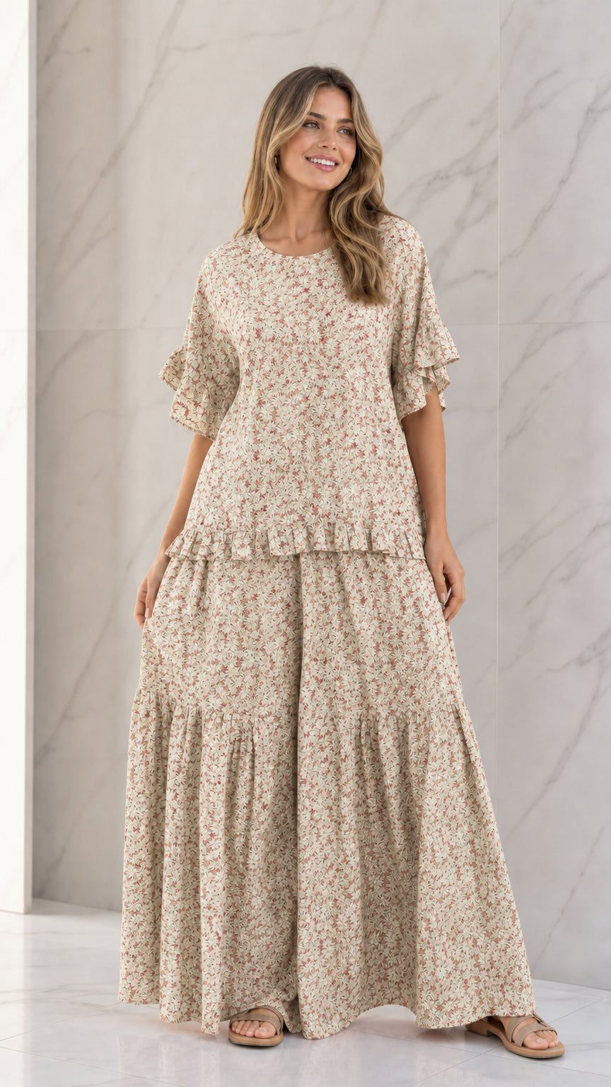 Front full view of woman wearing Beige floral ruffle sleeve top and tiered wide-leg pants set