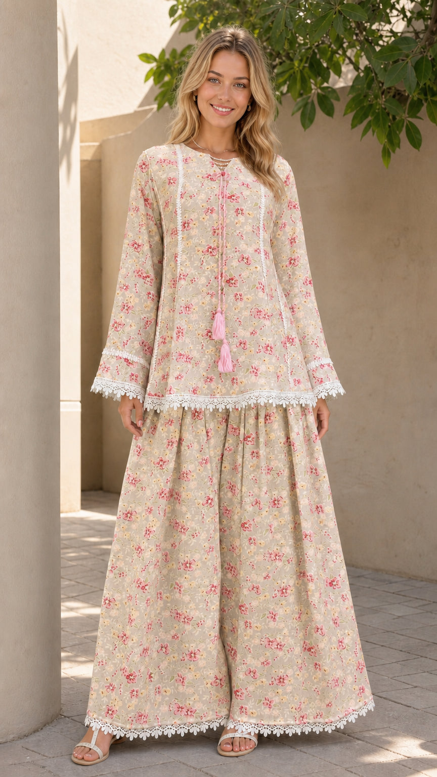 Model wearing beige floral matching tunic and pants set