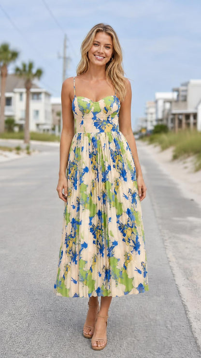 Model wearing beige floral print bustier pleated midi dress