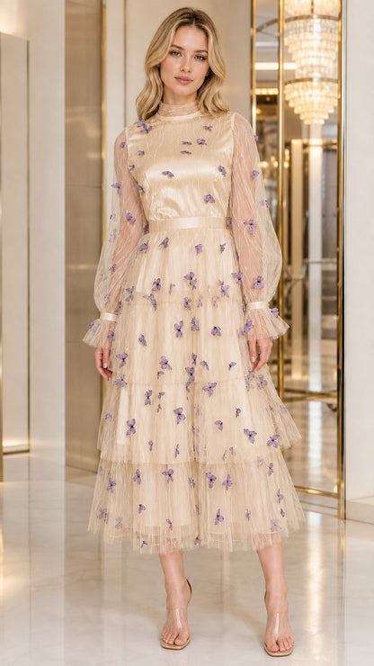 Champagne beige sheer long sleeve tiered tulle cocktail midi dress