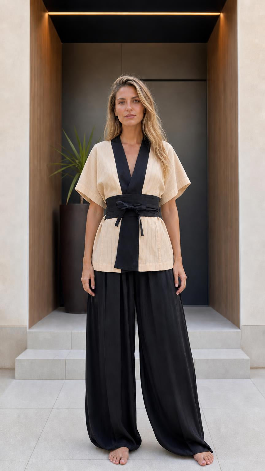 Front view of woman wearing beige kimono top and black wide-leg pants set variant