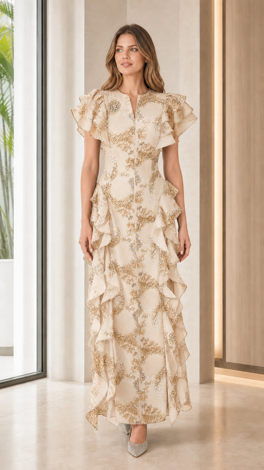 Front view of champagne floral print ruffle maxi dress